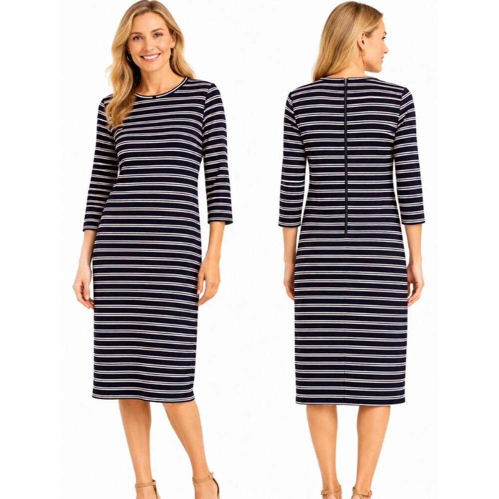 Ann Taylor Black White Striped Midi Sheath Dress 3/4 Sleeve Career Size M
